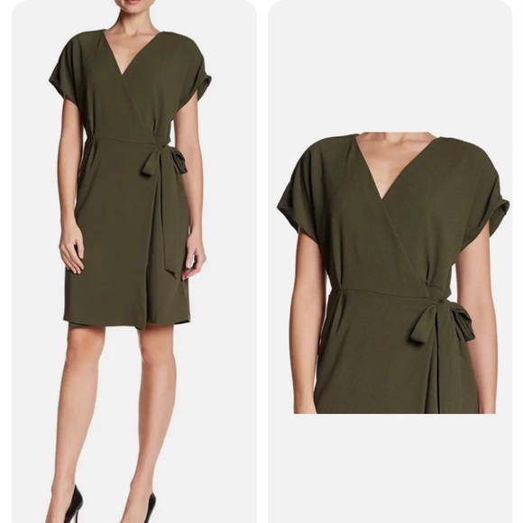 bobeau Dresses & Skirts - Bobeau Short Sleeve Crepe Wrap Dress Army Green Size MP